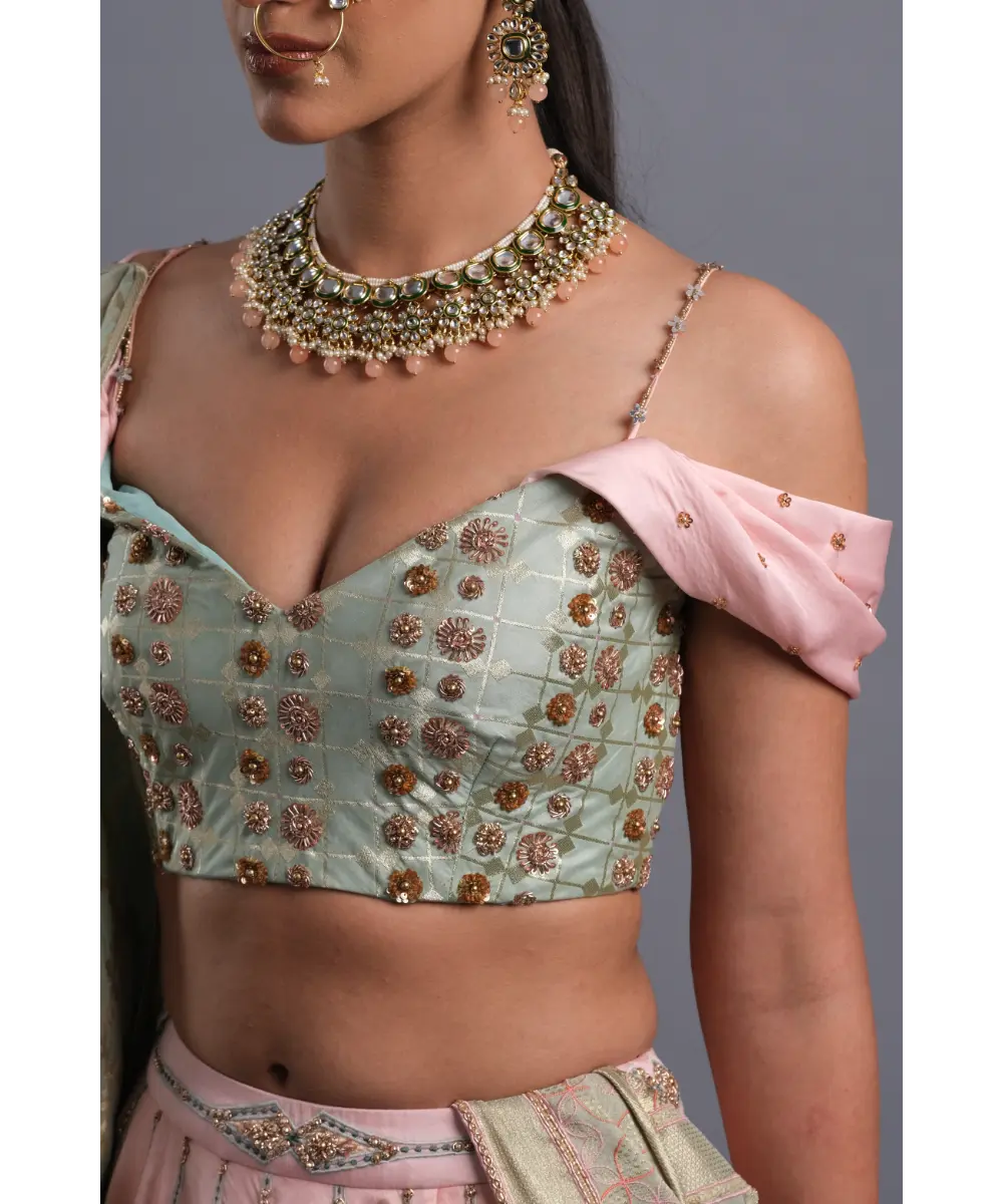 AASTHA SOOD - Sea foam green Banarasi Blouse Embroidered